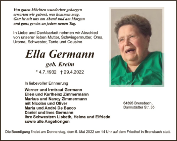 Traueranzeige von Ella Germann von vrm-trauer Odenwälder Echo