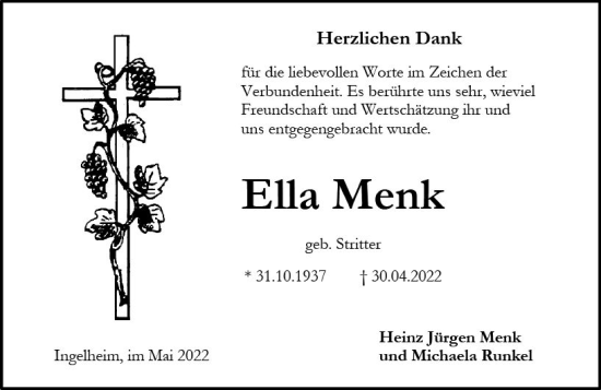 Traueranzeige von Ella Menk von vrm-trauer Allgemeine  Zeitung Ingelheim-Bingen