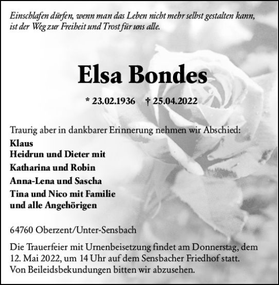 Traueranzeige von Elsa Bondes von vrm-trauer Odenwälder Echo