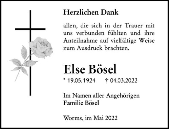 Traueranzeige von Else Böse von vrm-trauer Wormser Zeitung
