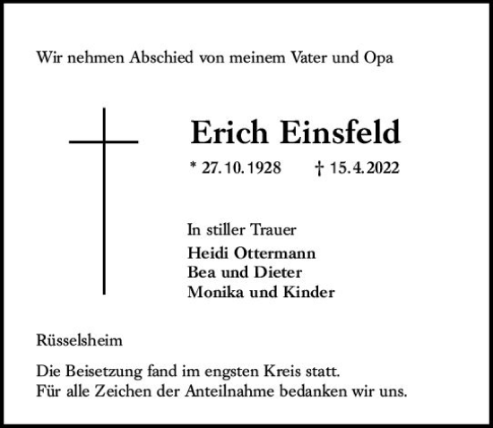 Traueranzeige von Erich Einsfeld von vrm-trauer Rüsselsheimer Echo / MainSpitze
