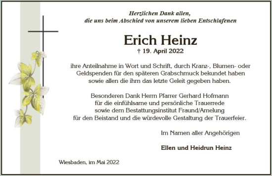 Traueranzeige von Erich Heinz von vrm-trauer Wiesbadener Kurier