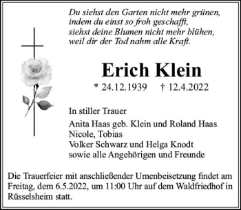 Traueranzeige von Erich Klein von vrm-trauer Rüsselsheimer Echo / MainSpitze