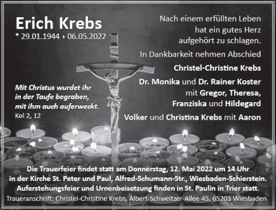 Traueranzeige von Erich Krebs von vrm-trauer Wiesbadener Kurier
