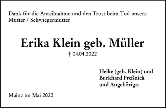 Traueranzeige von Erika Klein von vrm-trauer AZ Mainz