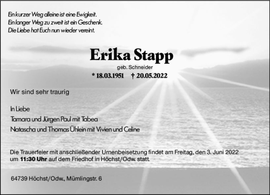 Traueranzeige von Erika Stapp von vrm-trauer Odenwälder Echo