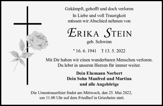 Traueranzeige von Erika Stein von vrm-trauer Darmstädter Echo