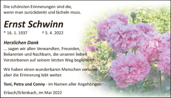 Traueranzeige von Ernst Schwinn von vrm-trauer Odenwälder Echo