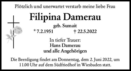Traueranzeige von Filipina Damerau von vrm-trauer Wiesbadener Kurier