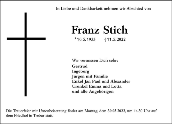 Traueranzeige von Franz Stich von vrm-trauer Groß-Gerauer Echo