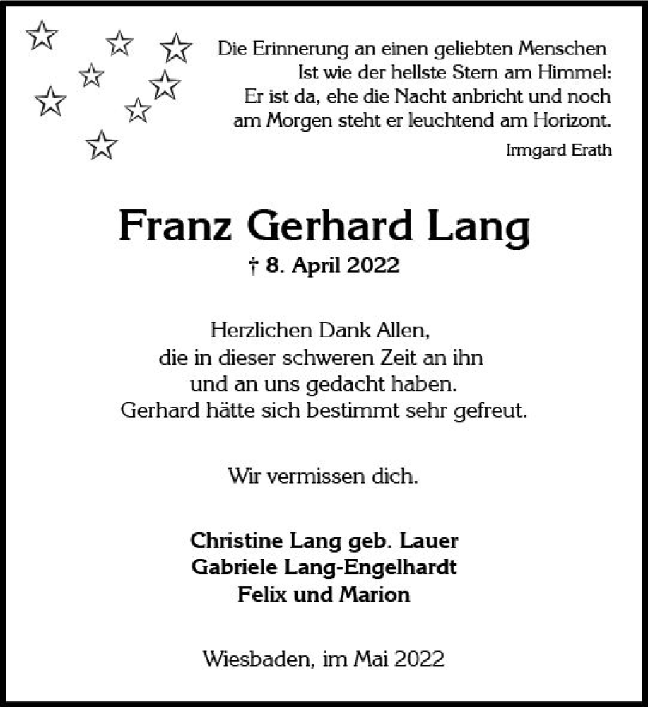  Traueranzeige für Franz Gerhard Lang vom 14.05.2022 aus vrm-trauer Wiesbadener Kurier