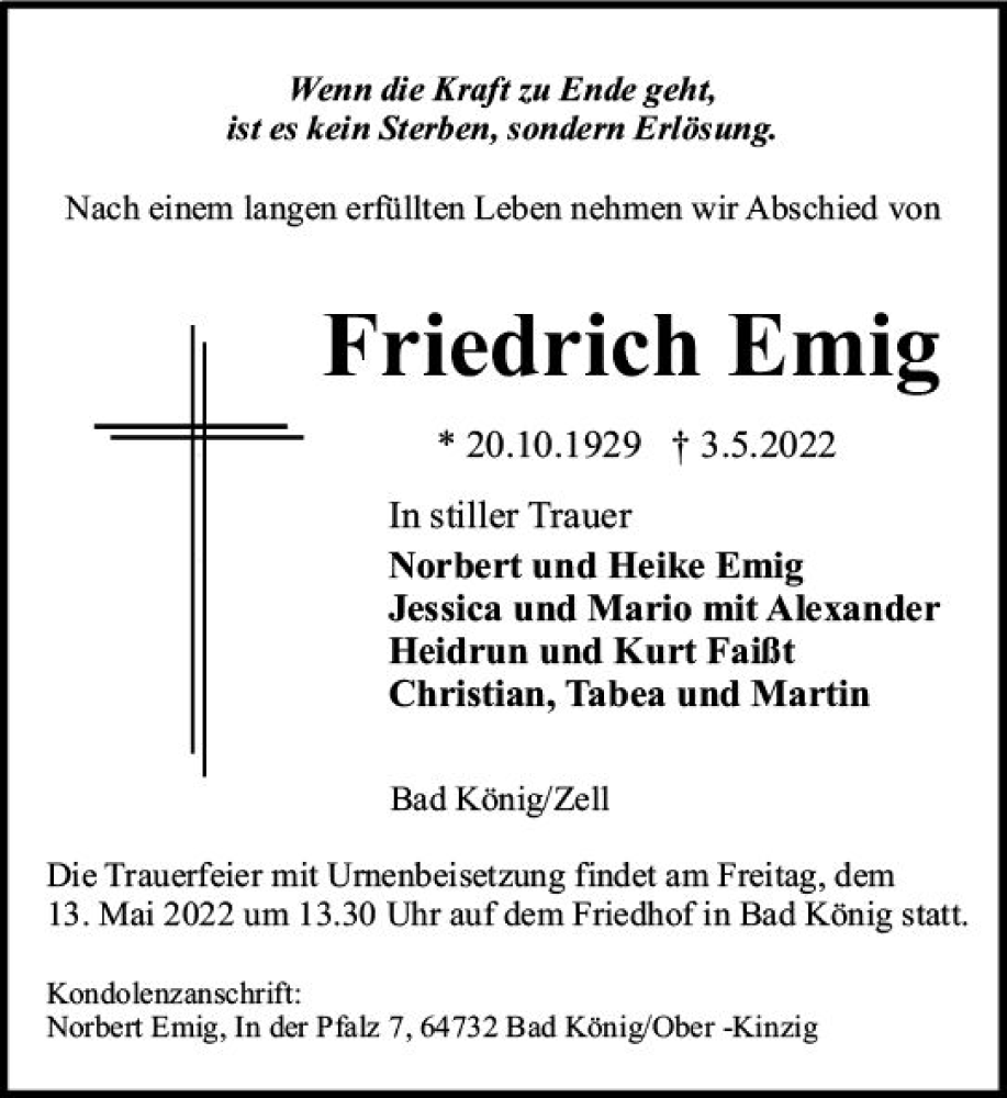  Traueranzeige für Friedrich Emig vom 07.05.2022 aus vrm-trauer Odenwälder Echo