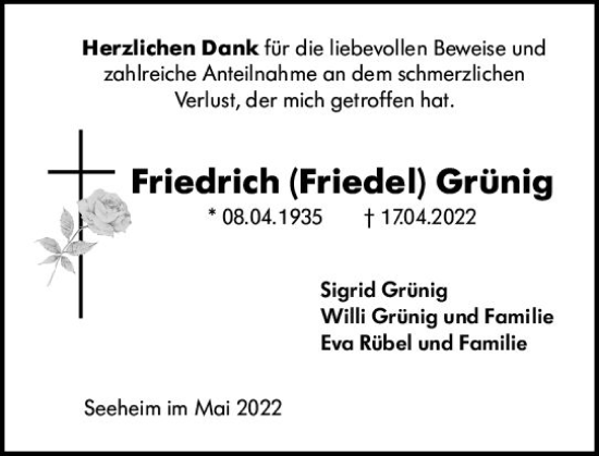Traueranzeige von Friedrich Grünig von vrm-trauer Darmstädter Echo