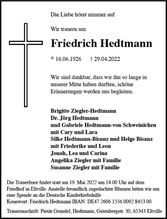 Traueranzeige von Friedrich Hedtmann von vrm-trauer Wiesbadener Kurier