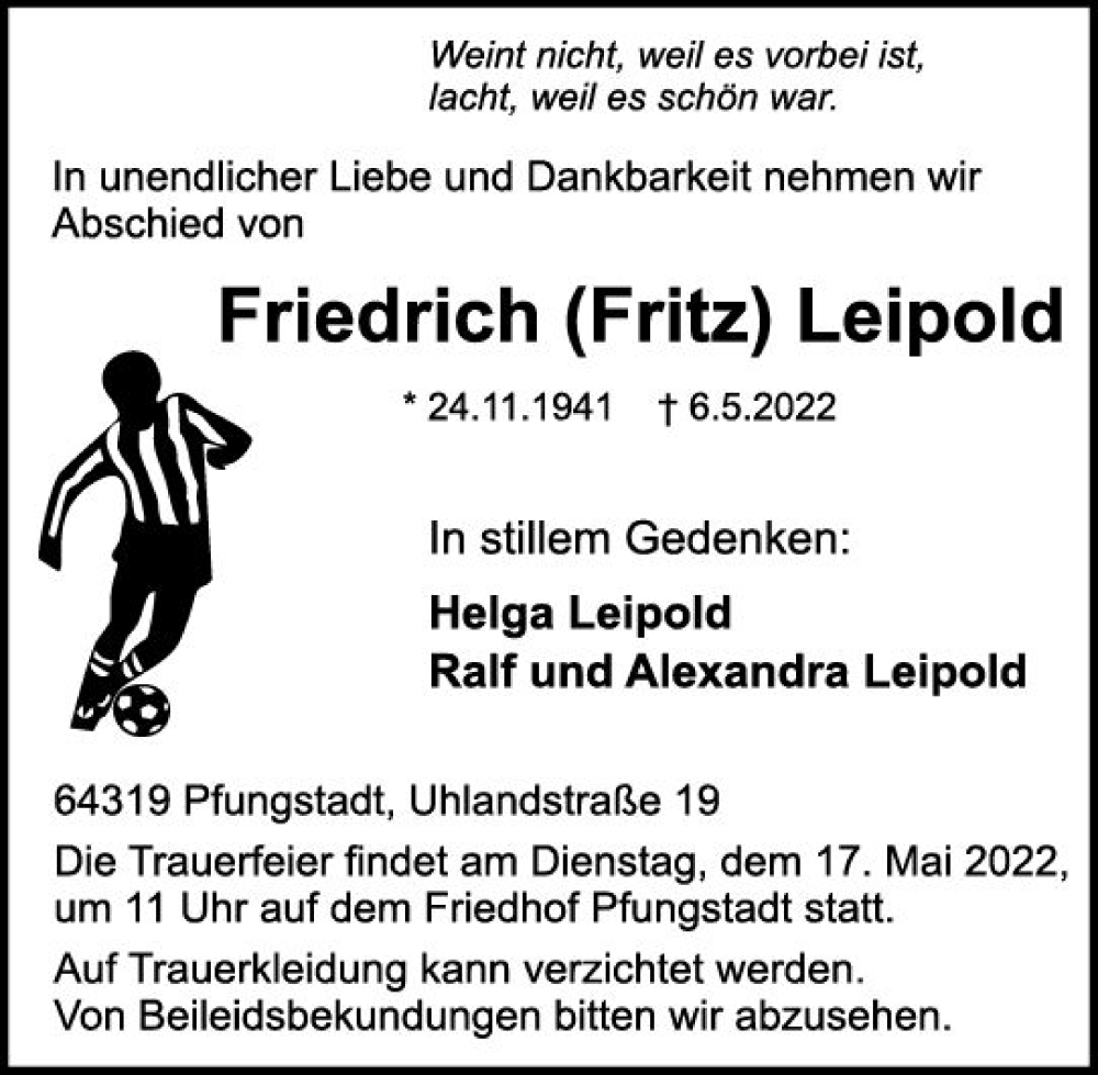  Traueranzeige für Friedrich Leipold vom 14.05.2022 aus vrm-trauer Darmstädter Echo