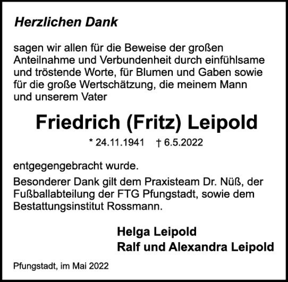  Traueranzeige für Friedrich Leipold vom 28.05.2022 aus vrm-trauer Darmstädter Echo