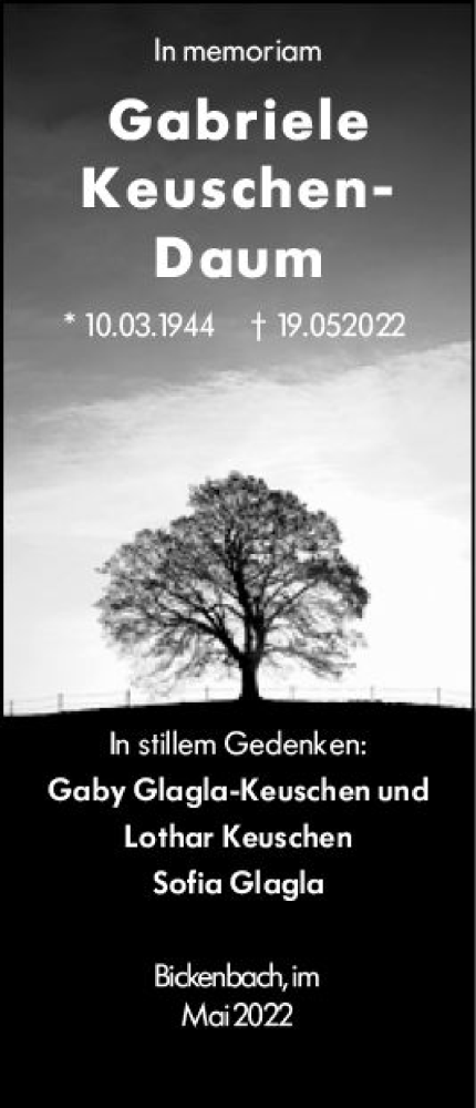  Traueranzeige für Gabriele Keuschen-Daum vom 30.05.2022 aus vrm-trauer Darmstädter Echo