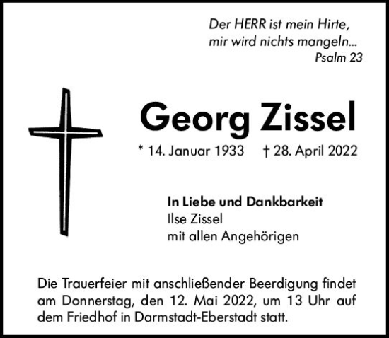 Traueranzeige von Georg Zissel von vrm-trauer Darmstädter Echo