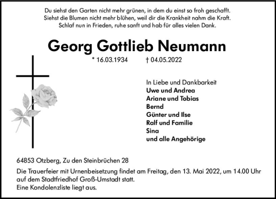 Traueranzeige von Georg Gottlieb Neumann von vrm-trauer Darmstädter Echo