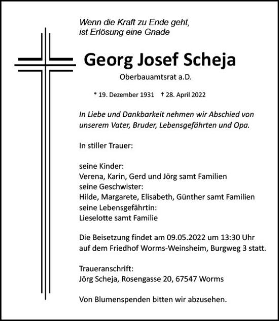 Traueranzeige von Georg Josef Scheja von vrm-trauer Wormser Zeitung