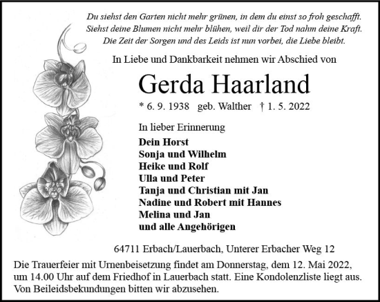 Traueranzeige von Gerda Haarland von vrm-trauer Odenwälder Echo