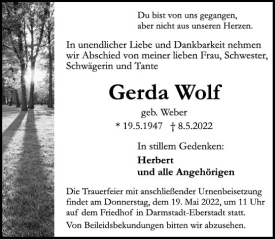 Traueranzeige von Gerda Wolf von vrm-trauer Odenwälder Echo