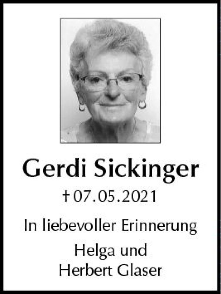  Traueranzeige für Gerdi Sickinger vom 07.05.2022 aus vrm-trauer AZ Mainz