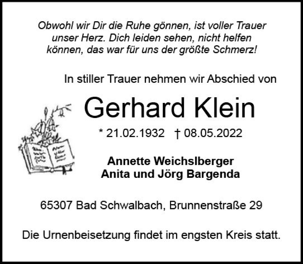  Traueranzeige für Gerhard Klein vom 14.05.2022 aus vrm-trauer WK-UTA