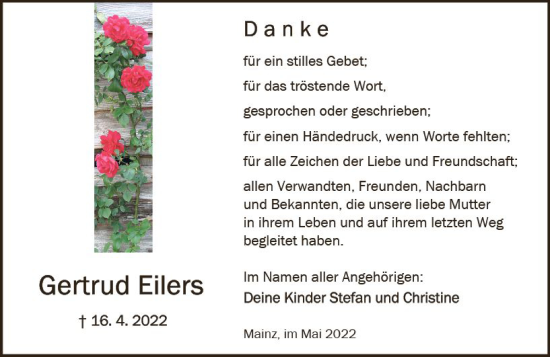 Traueranzeige von Gertrud Eilers von vrm-trauer AZ Mainz