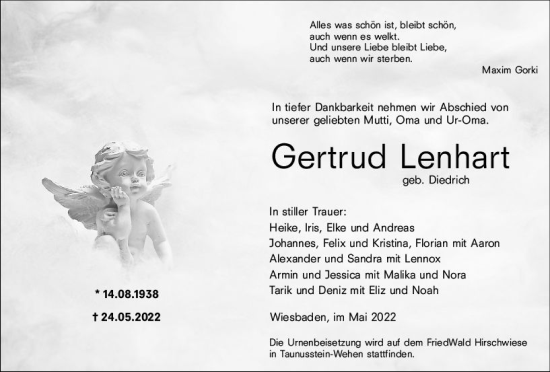 Traueranzeige von Gertrud Lenhart von vrm-trauer Wiesbadener Kurier