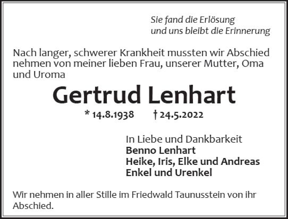  Traueranzeige für Gertrud Lenhart vom 28.05.2022 aus vrm-trauer Wiesbadener Kurier