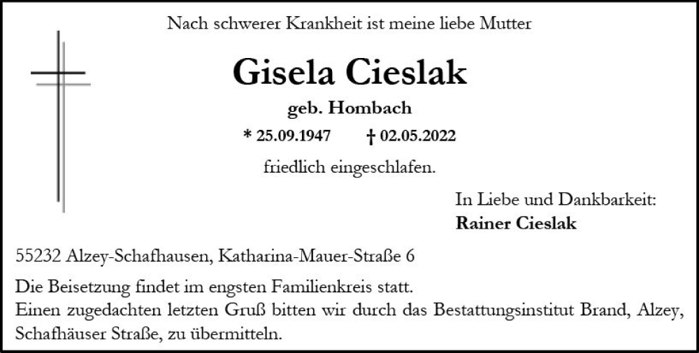  Traueranzeige für Gisela Cieslak vom 07.05.2022 aus vrm-trauer Allgemeine Zeitung Alzey