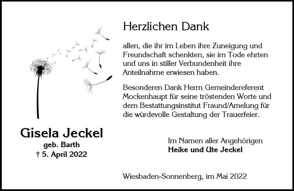  Traueranzeige für Gisela Jeckel vom 07.05.2022 aus vrm-trauer Wiesbadener Kurier