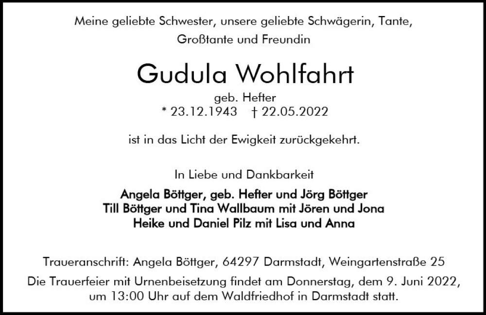  Traueranzeige für Gudula Wohlfahrt vom 28.05.2022 aus vrm-trauer Darmstädter Echo