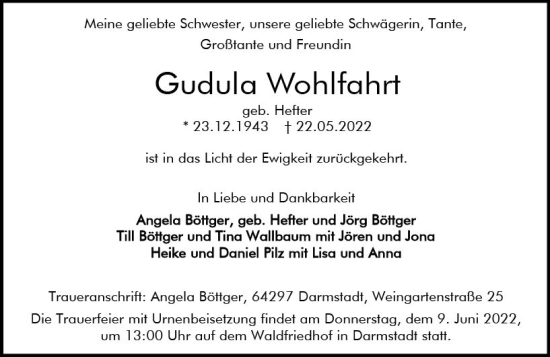 Traueranzeige von Gudula Wohlfahrt von vrm-trauer Darmstädter Echo