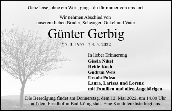 Traueranzeige von Günter Gerbig von vrm-trauer Odenwälder Echo