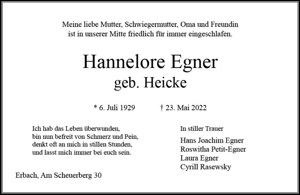  Traueranzeige für Hannelore Egner vom 28.05.2022 aus vrm-trauer Odenwälder Echo