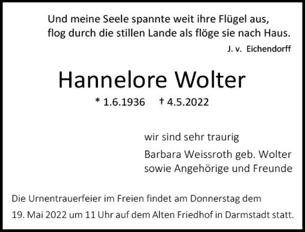  Traueranzeige für Hannelore Wolter vom 07.05.2022 aus vrm-trauer Darmstädter Echo