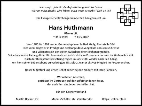 Traueranzeige von Hans Huthmann von vrm-trauer Odenwälder Echo
