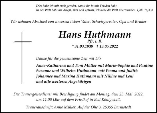 Traueranzeige von Hans Huthmann von vrm-trauer Odenwälder Echo