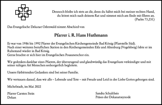 Traueranzeige von Hans Huthmann von vrm-trauer Odenwälder Echo
