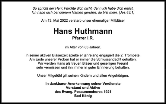 Traueranzeige von Hans Huthmann von vrm-trauer Odenwälder Echo