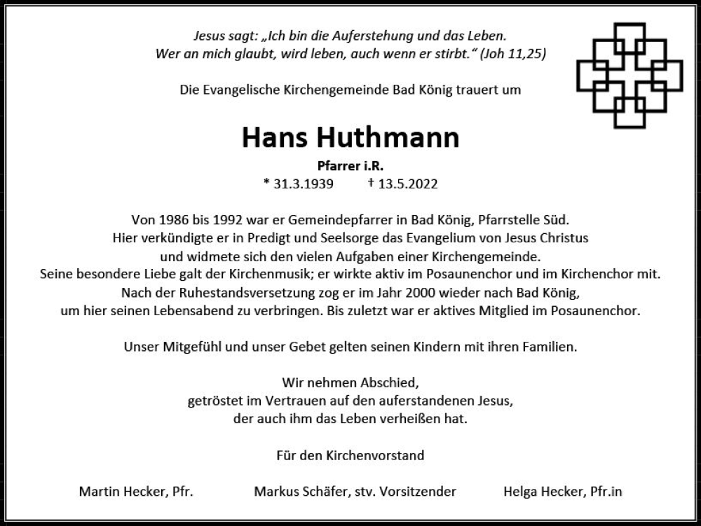  Traueranzeige für Hans Huthmann vom 21.05.2022 aus vrm-trauer Odenwälder Echo