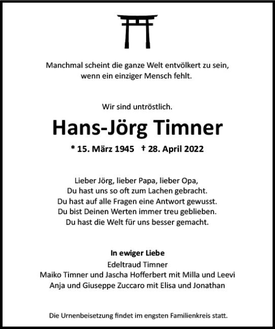 Traueranzeige von Hans-Jörg Timner von vrm-trauer Wiesbadener Kurier