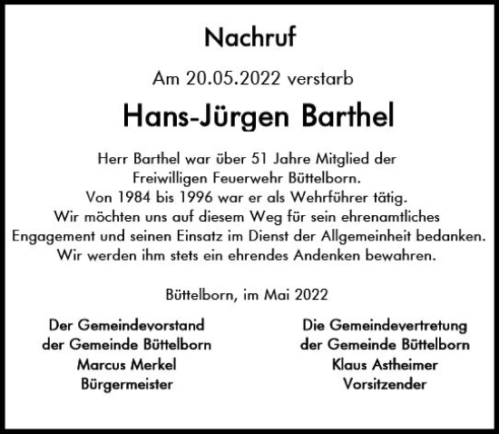 Traueranzeige von Hans-Jürgen Barthel von vrm-trauer Groß-Gerauer Echo