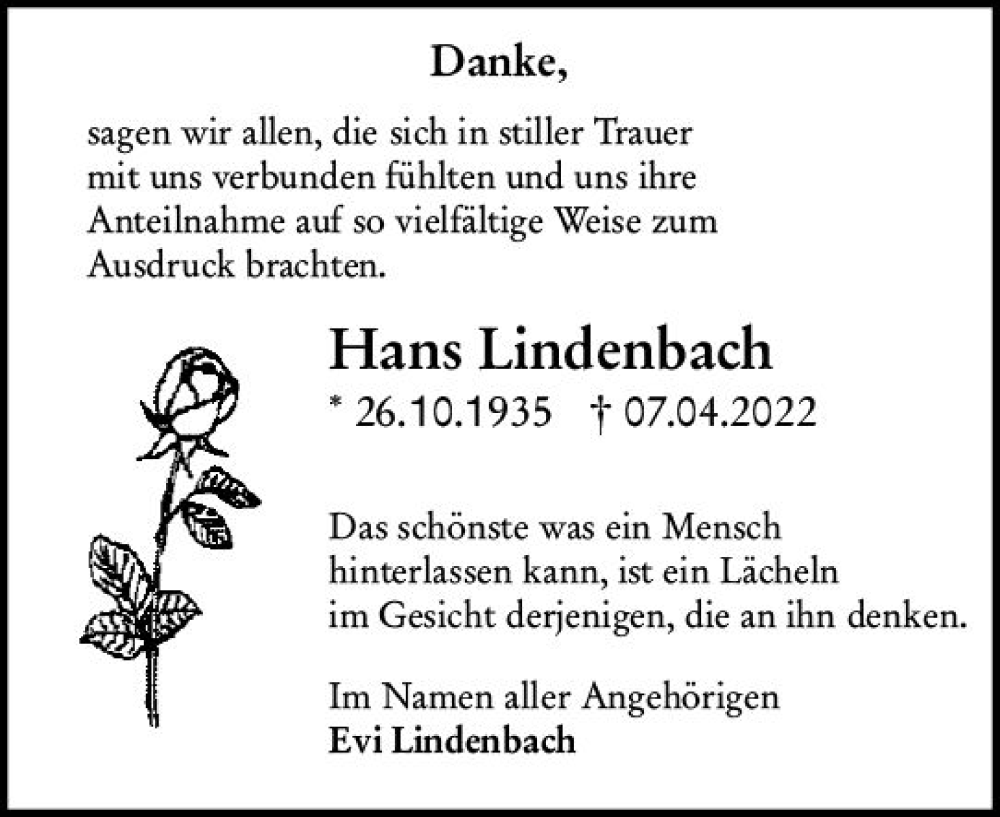  Traueranzeige für Hans Lindenbach vom 14.05.2022 aus vrm-trauer Darmstädter Echo