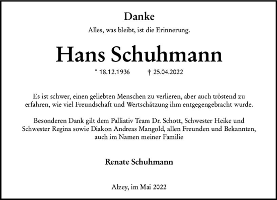 Traueranzeige von Hans Schuhmann von vrm-trauer Allgemeine Zeitung Alzey