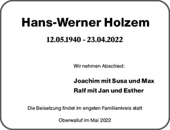 Traueranzeige von Hans-Werner Holzem von vrm-trauer Wiesbadener Kurier