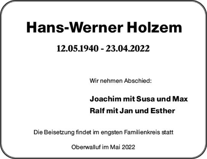  Traueranzeige für Hans-Werner Holzem vom 02.05.2022 aus vrm-trauer Wiesbadener Kurier