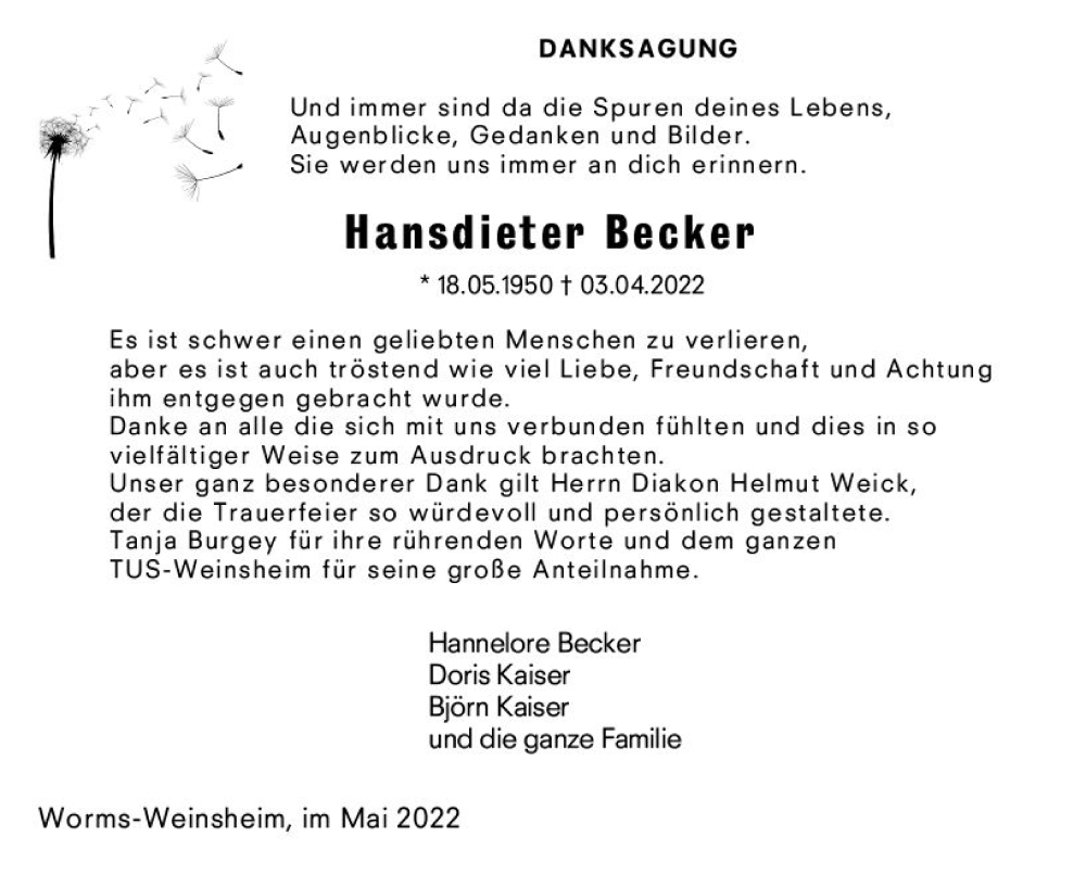  Traueranzeige für Hansdieter Becker vom 21.05.2022 aus vrm-trauer Wormser Zeitung